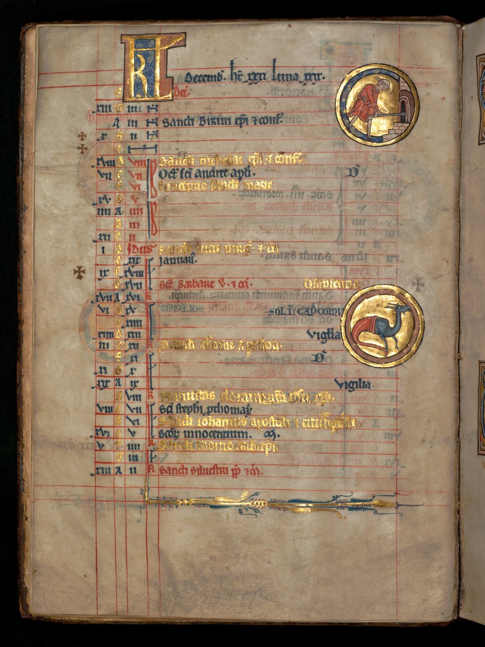 Ms 322 f.6v、12月、オーブンにパンを置く男、「De Brailes Psalter」のイラスト、c.1250 作： ウィリアム・ド・ブレイルズ