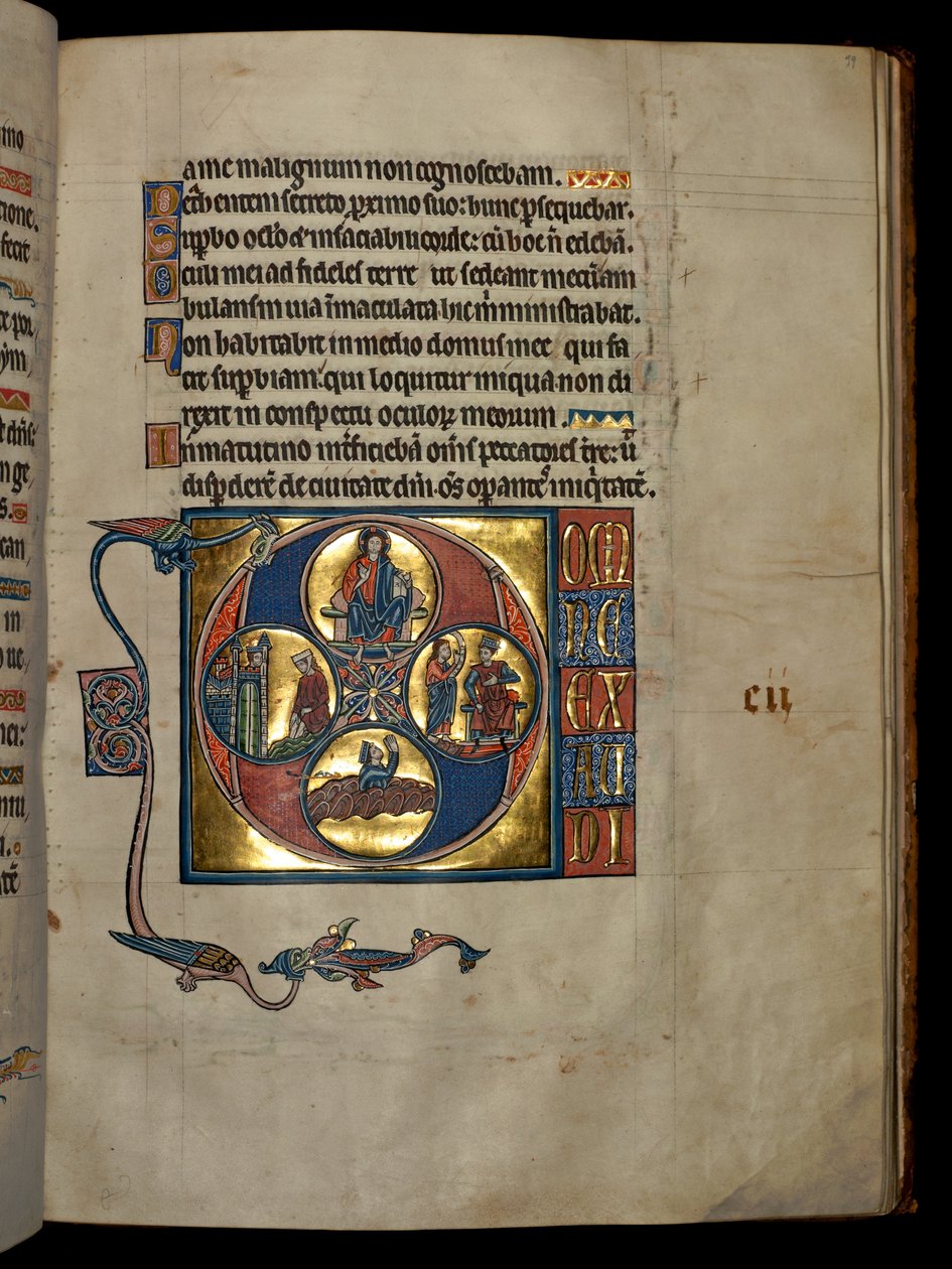 Ms 322 f.99r、Psalm 101、頭文字D、キリストの祝福、ダビデはバトシェバをじっと見つめて、デイビッドと悔い改めたダビデの祈り、「De Brailes Psalter」のイラスト、c.1250 作： ウィリアム・ド・ブレイルズ