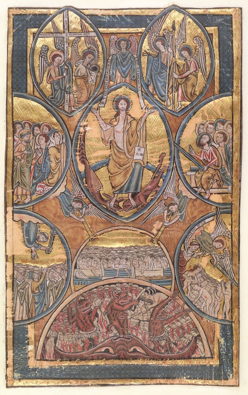 Ms 330 f.3最後の審判と彼の守護天使が詩篇から救い出した照明器具のセルフポートレート、c.1240 作： ウィリアム・ド・ブレイルズ