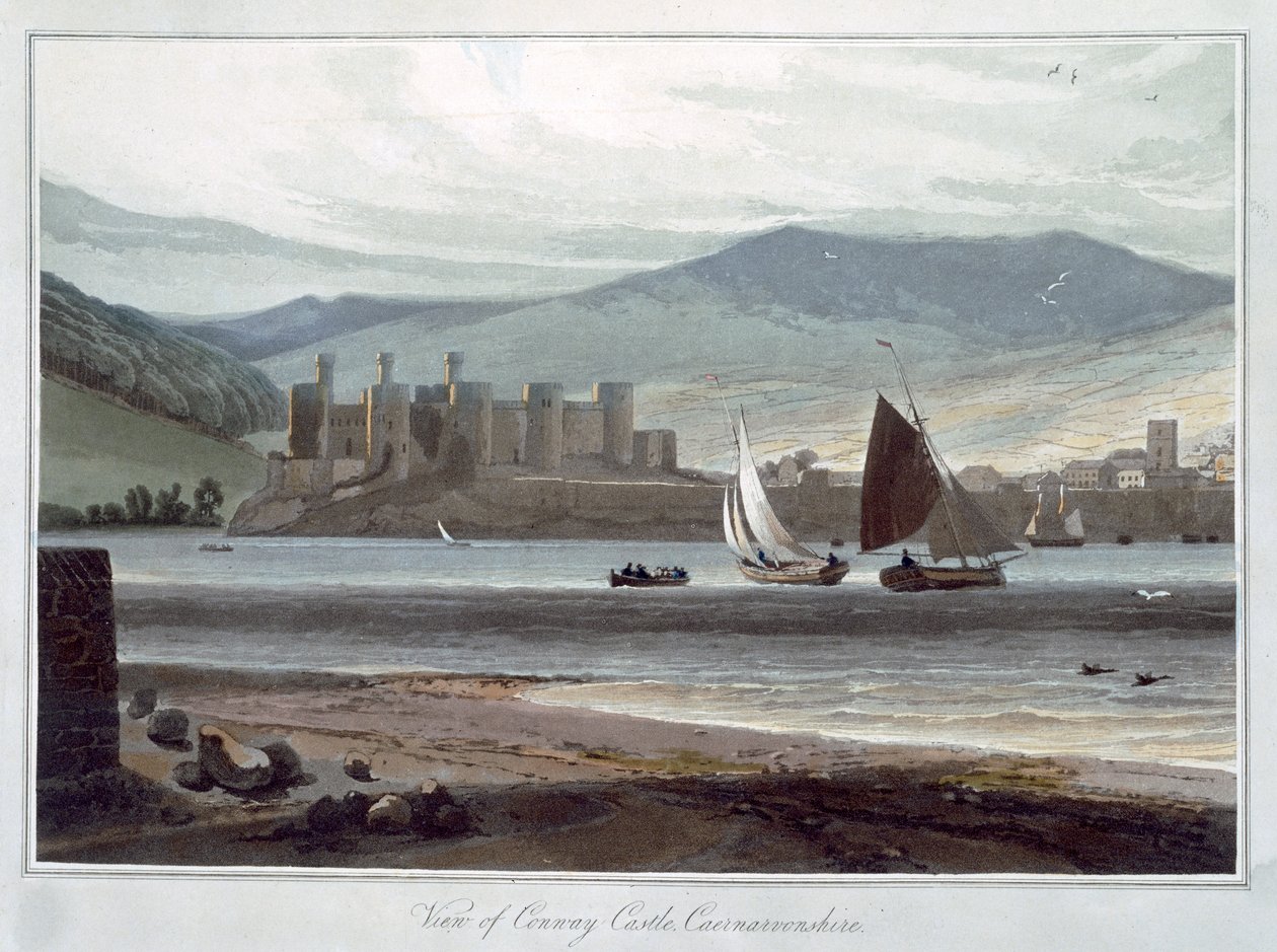 CaernarvonshireのConway城の眺め」、ウェールズ、1814-1825年 作： ウィリアム・ダニエル