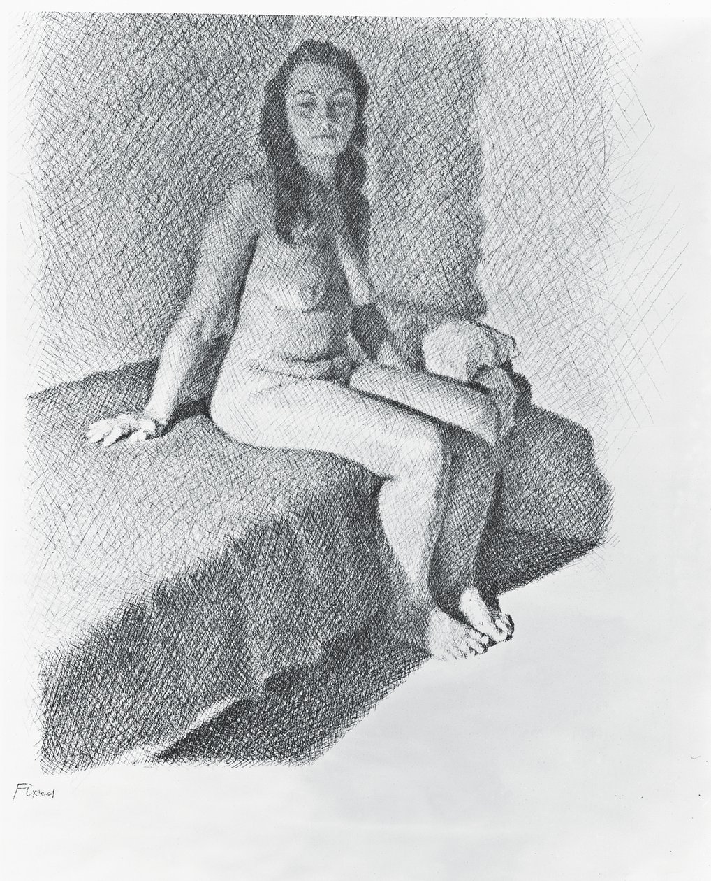 着席ヌード、c.1968-74（紙に鉛筆） 作： ウィリアム・ウィルキンス