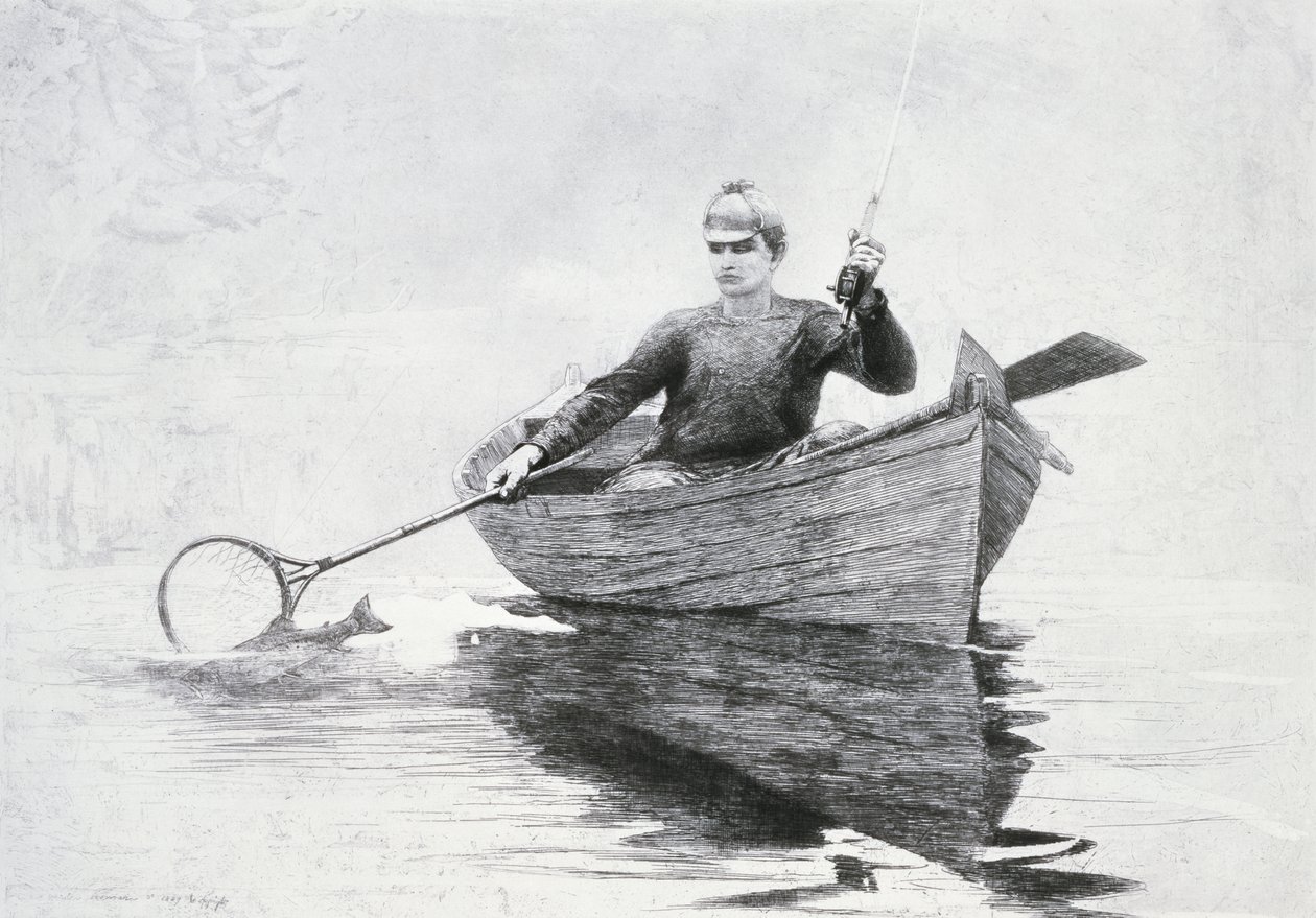 サラナク湖でのフライフィッシング、1889年（simili-Japan紙のエッチングとアクアチント） 作： ウィンスロー・ホーマー
