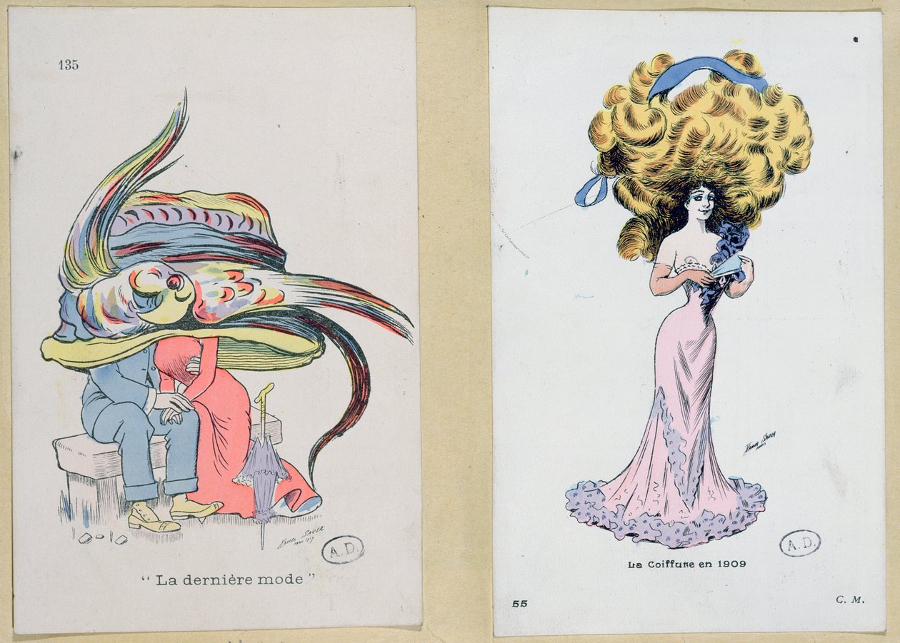 「ラデルニエールモード」、髪と帽子のスタイルを風刺したファッションプレート、1909 作： ザビエル・セイガー