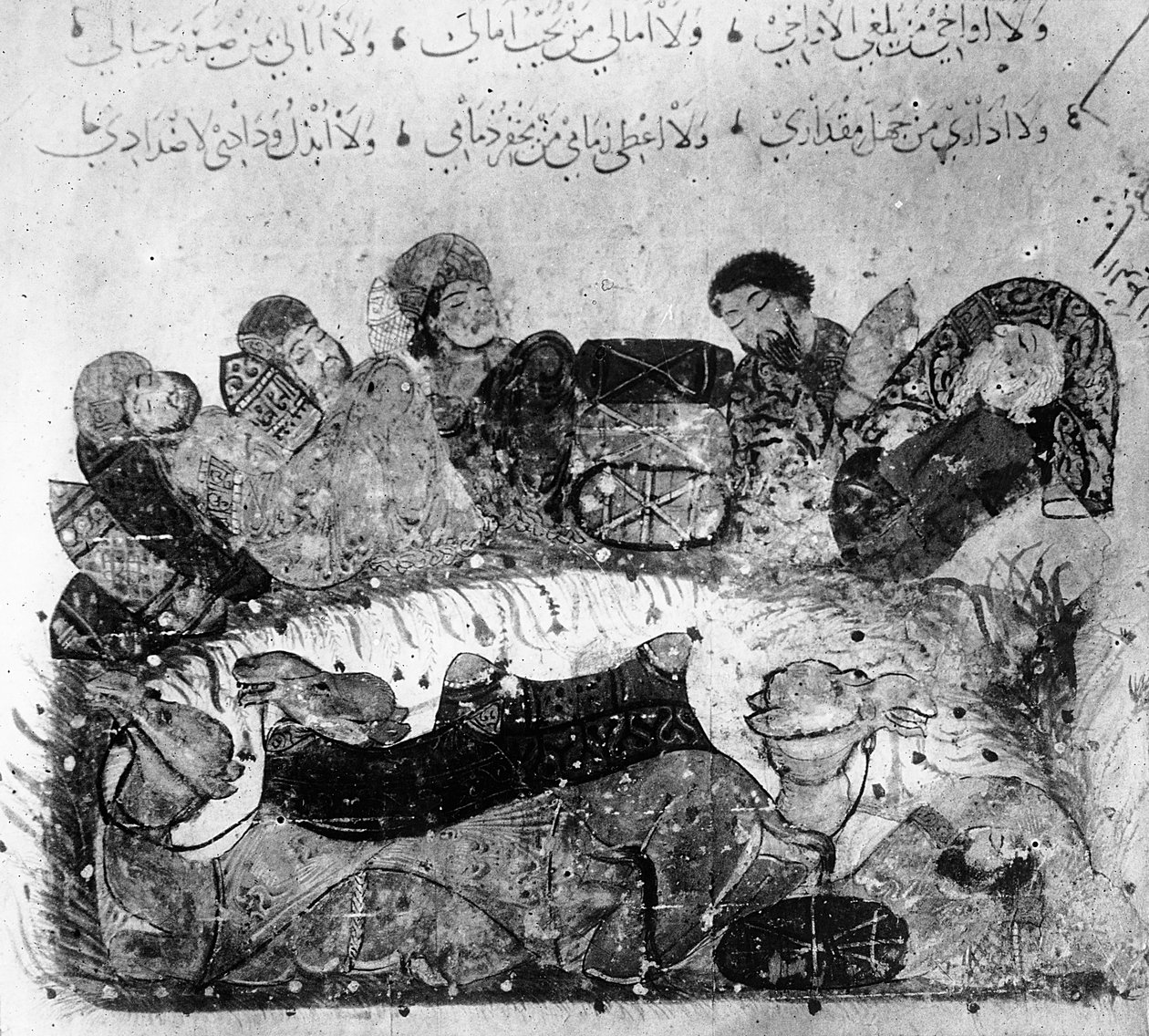 Ms Ar 5847 f.11、「Le Maqamat de al&39;Hariri」からのキャラバンレスト、c.1240 作： ヤヒヤ・イブン・マフムード・アル・ワシティ