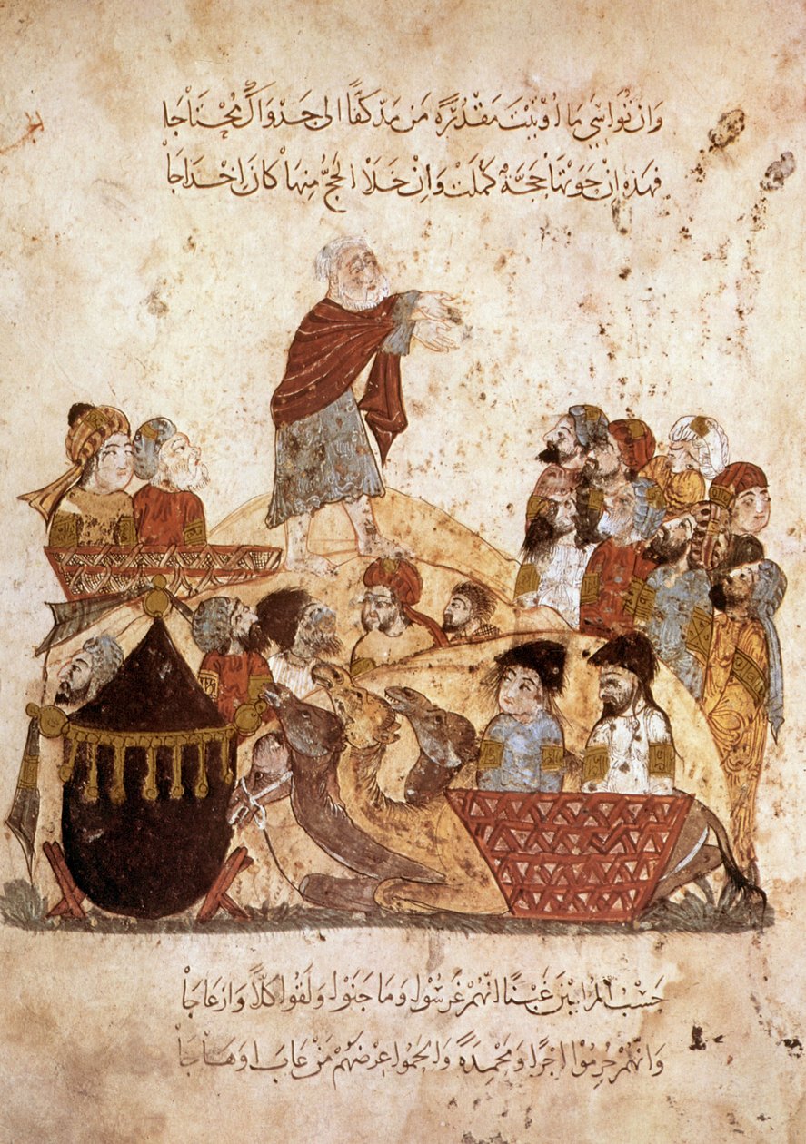 Mr Ar 5847 f.29、Abou ZaydがアルハリリによってMaqamatから巡礼者のキャラバンを説教、c.1240（ベラムのガッシュ） 作： ヤヒヤ・イブン・マフムード・アル・ワシティ