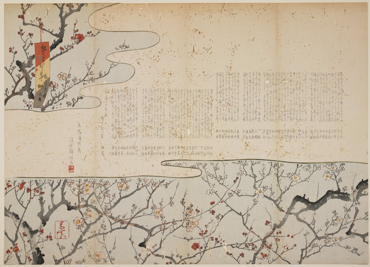 開花梅、1861年1月（金を使用したカラー木版印刷） 作： 山形創心