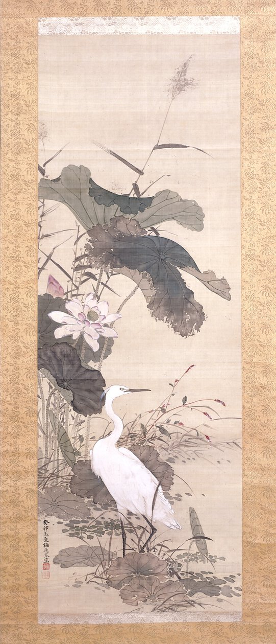 Lotus And Snowy Heron (インク、カラー、シルク) 作： 山本バイイツ