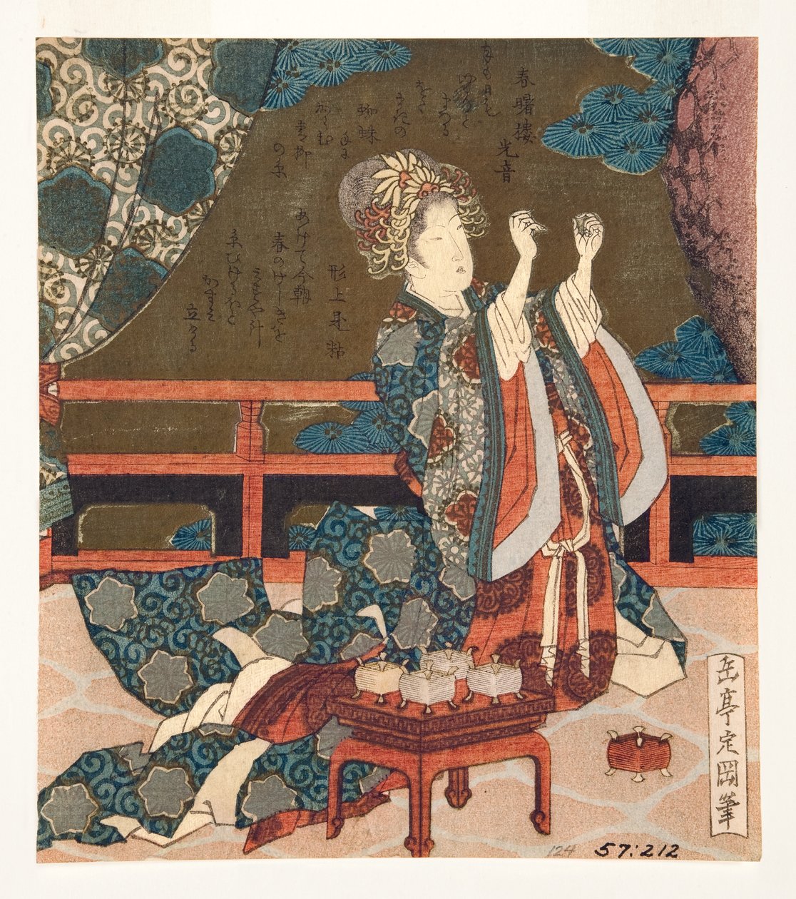 糸を調べる中国人女性、1823-25（木版） 作： 八島学亭