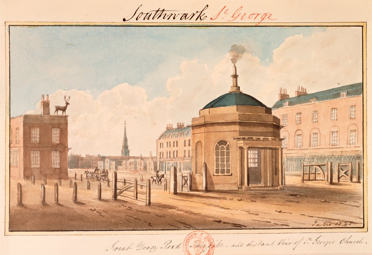 1825年、ロンドン、サザーク、グレート・ドーバー・ロードのターンパイク 作： イェーツ