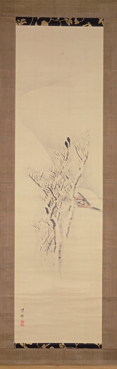 木のカラスと雪に覆われた風景、c.1820-50（紙にインクと色） 作： 横山精機