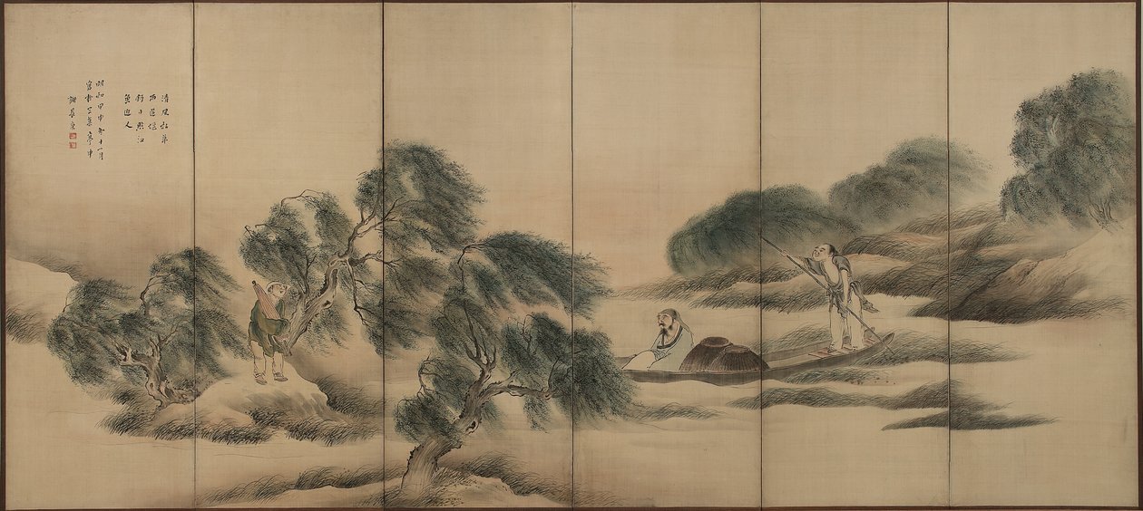 雨上がり江戸時代の川釣り（絹に墨と色） 作： ヨサ・ブソン