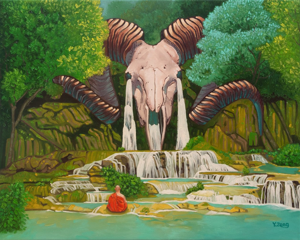 Ram skull waterfall, 2023（キャンバスに油彩） 作： ユエ・ゼン