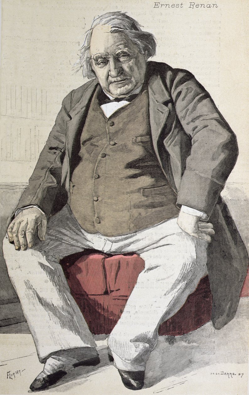 1887年7月15日、フロリアンによって彫刻された「La Revue Illustree」からのErnest Renan（1823-92）の肖像（カラー彫刻） 作： デラバレ