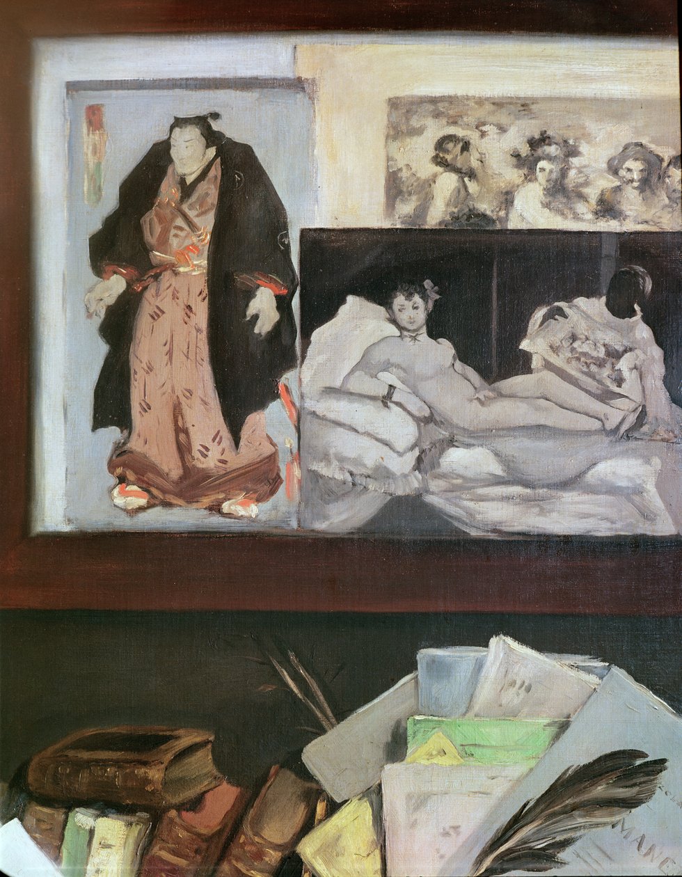 エミールゾラの肖像（1840年-1902年）（日本版画「オリンピア」とベラスケスの「バッカス」を描いた右上の壁の詳細）、1868 作： エドゥアールマネ