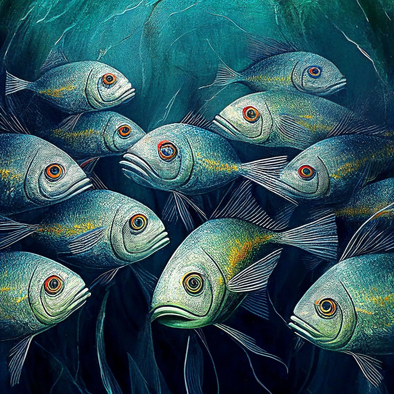 海水に浮かぶキャンバスの魚たち、抽象画 作： ファフタリ・アブデラヒム