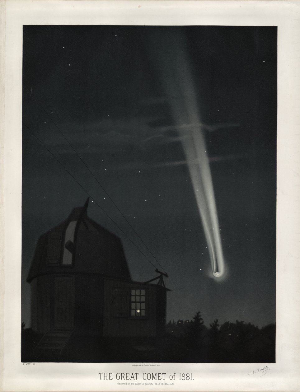 1881年の大彗星（彗星C - 1881 K1）。 6月25〜26日の夜1時に観測されました。 30分。 AM（Trouvelot Astronomical Drawings 1881のプレートXI） 作： エティエンヌ・レオポルド・トルヴロ