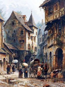 路地と中世の家並み、ウォールアート、キャンバスプリント 路地と中世の家並み、ウォールアート、キャンバスプリント