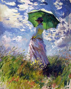 春の緑の丘を歩く傘を差したドレスの女性 春の緑の丘を歩く傘を差したドレスの女性