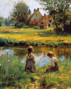 田舎の家の外で遊ぶ子供たち, キャンバスプリント 田舎の家の外で遊ぶ子供たち, キャンバスプリント