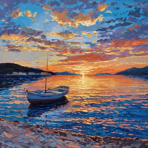 夕暮れ時の川のボート 美しい、ダルマチア、クロアチア キャンバスに油絵、販売のための壁の装飾 夕暮れ時の川のボート 美しい、ダルマチア、クロアチア キャンバスに油絵、販売のための壁の装飾