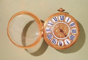 時計、1685年頃（金メッキ真鍮＆エナメル）