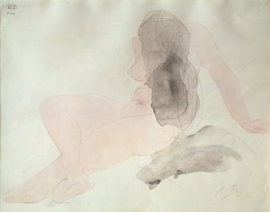 乱れた髪の着席ヌード