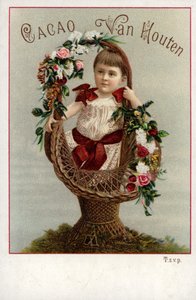 チョコレートを広告する花の花束を持つ少女