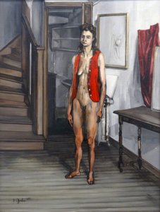 Nu feminino em um cardigã vermelho