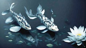 墨絵：鯉・鯉魚_白大理石_02