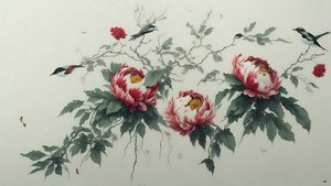 インク画緑の牡丹_02
