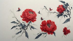 インク画赤の牡丹_01