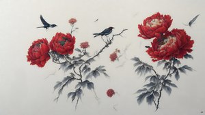 インク画赤の牡丹_02