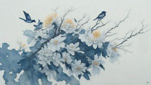 水墨画：菊の花・青_02