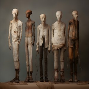 並んで立つ4人の男の土偶 4