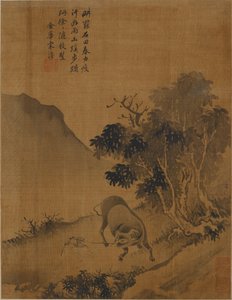 水牛を引っ張る群れの少年