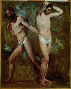 2つの立っている男性のヌード（キャンバスに油彩）