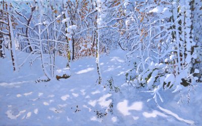 11月の雪、ダービーのアレスツリーの森、（油彩・キャンバス 作： Andrew Macara