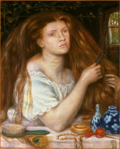 彼女の髪をとかす女性 作： Dante Gabriel Charles Rossetti