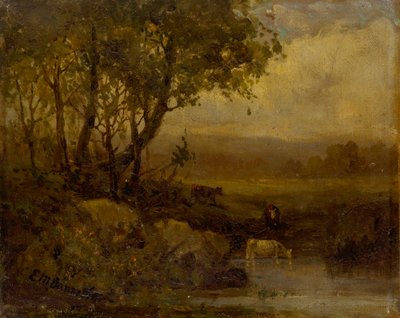 無題の風景、川岸、3 頭の牛。 作： Edward Mitchell Bannister