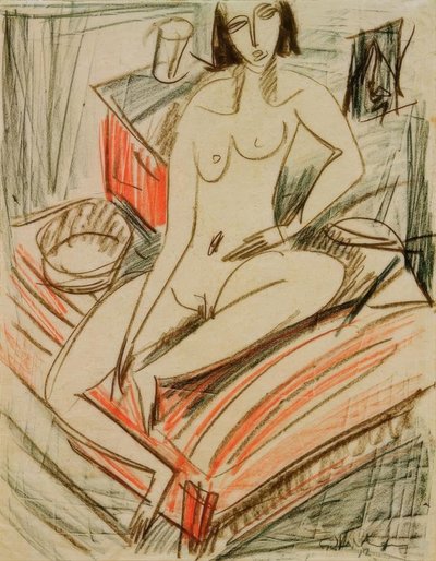 ベッドの上に座っている女性のヌード 作： Ernst Ludwig Kirchner