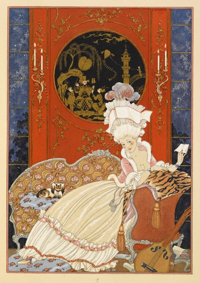 文字。 手紙を読む女性。 作： Georges Barbier