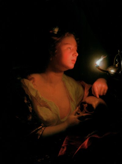 メアリーマグダレングリービング（オークパネルに油彩） 作： Godfried Schalcken