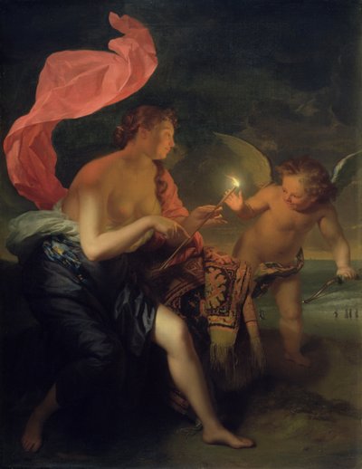 キューピッドに燃える矢を与える金星 作： Godfried Schalcken