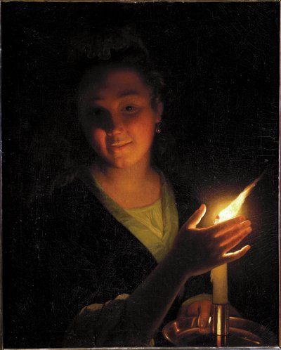 光を持つ女（油彩・キャンバス 作： Godfried Schalcken