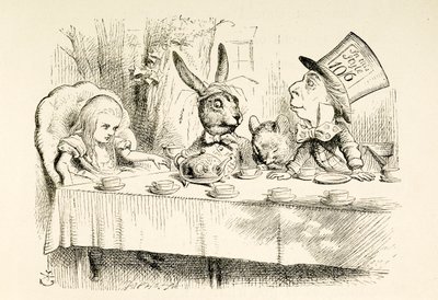 マッドハッターのお茶会でのアリス。 作： John Tenniel