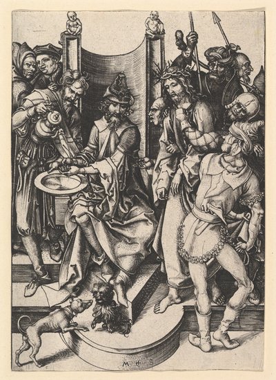 ピラト彼の手を洗う、ca。 1435-1491。 作： Martin Schongauer