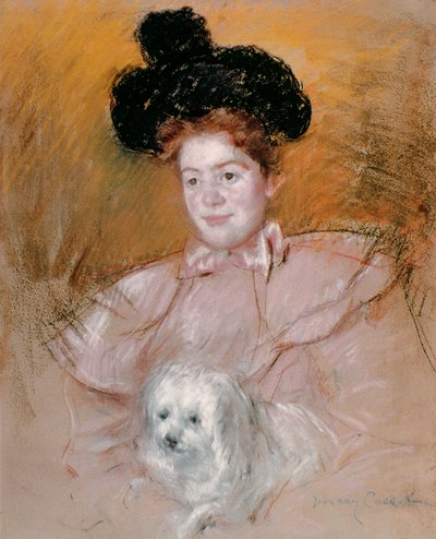 犬を抱いた女性（紙にパステル） 作： Mary Cassatt