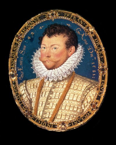 サーフランシスドレイクの肖像、1581 作： Nicholas Hilliard