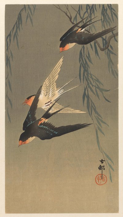 ダイビング中の 3 羽のアカツバメ 作： Ohara Koson