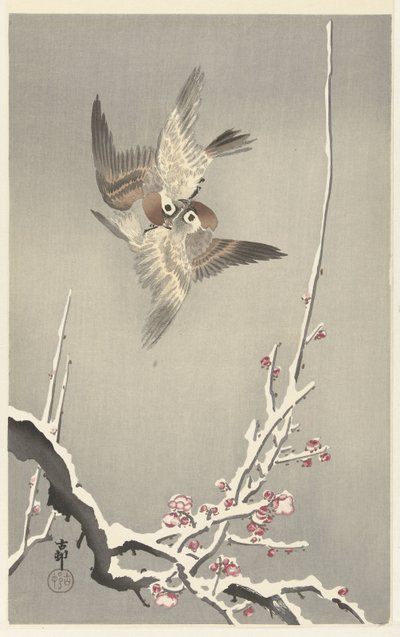 スズメと雪梅 作： Ohara Koson